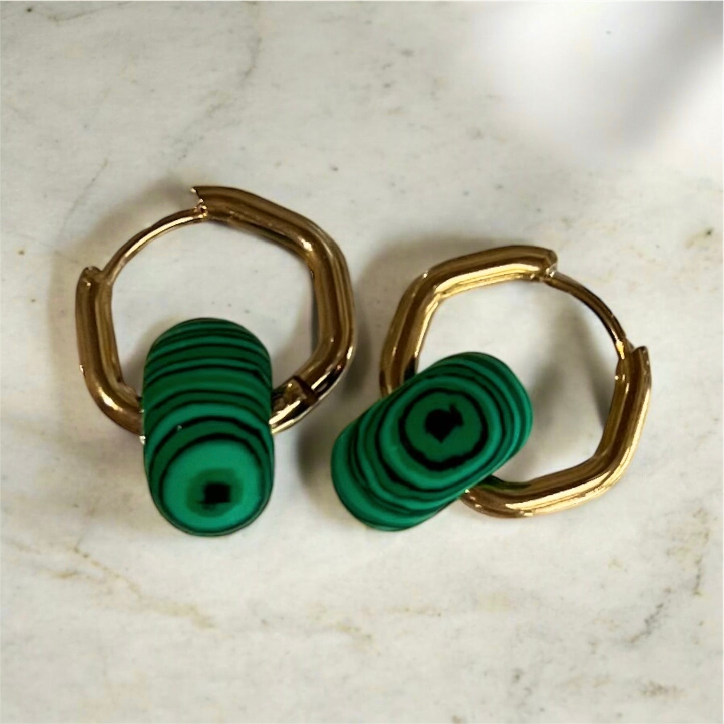 Copenhagen Emerald Green Malachite Charm Hexagon Hoop Earrings