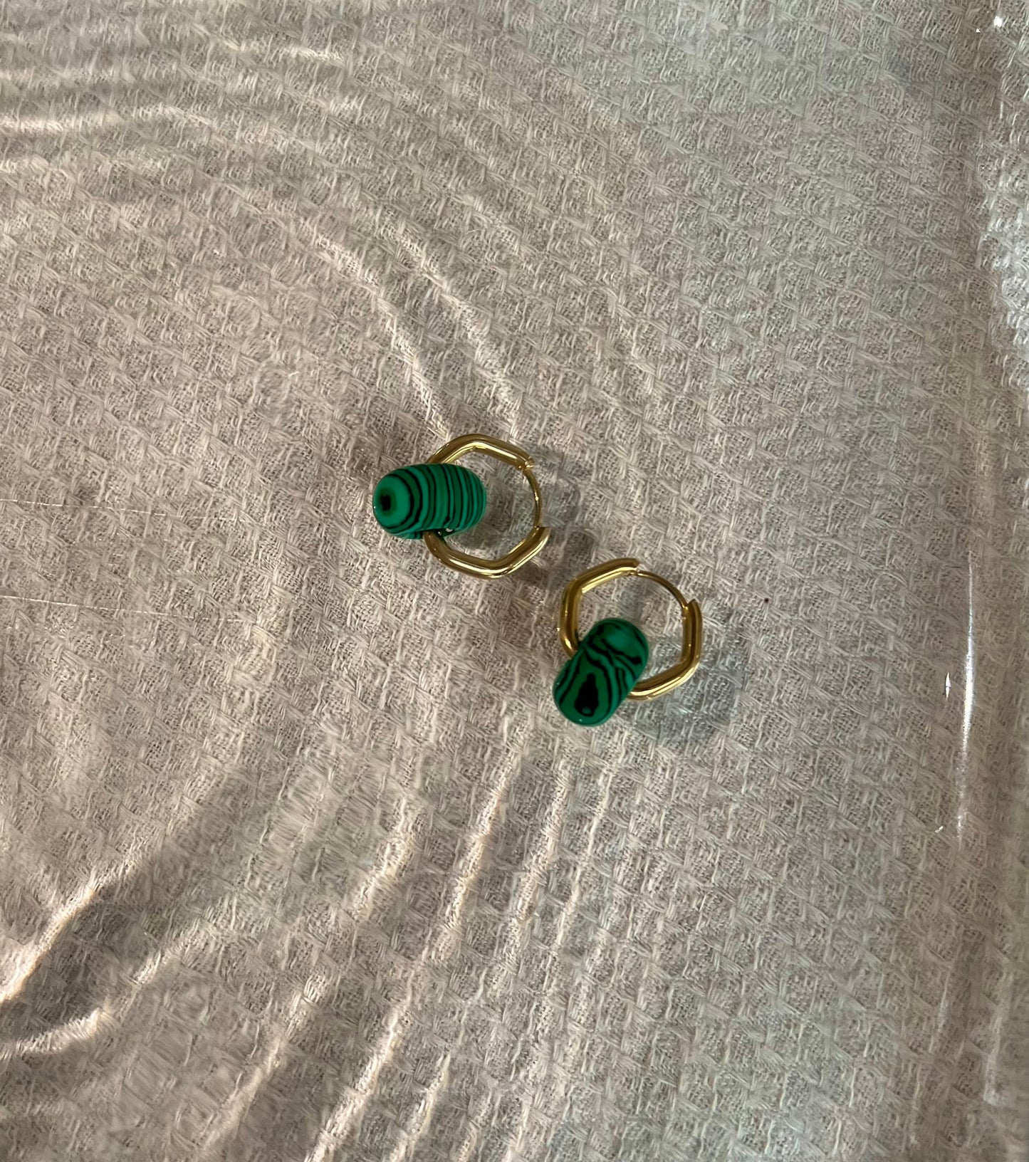 Copenhagen Emerald Green Malachite Charm Hexagon Hoop Earrings