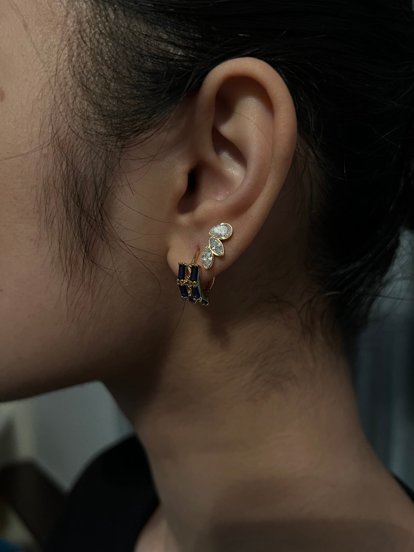 Casablanca Navy Crystal Double Pavé Gold Huggie Hoop Earrings