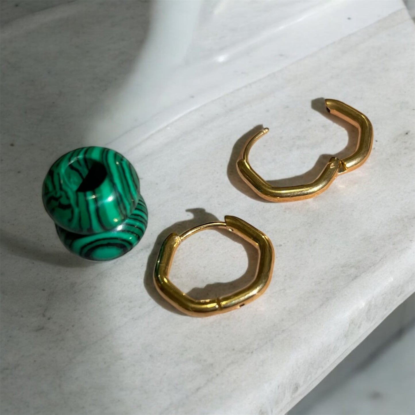 Copenhagen Emerald Green Malachite Charm Hexagon Hoop Earrings