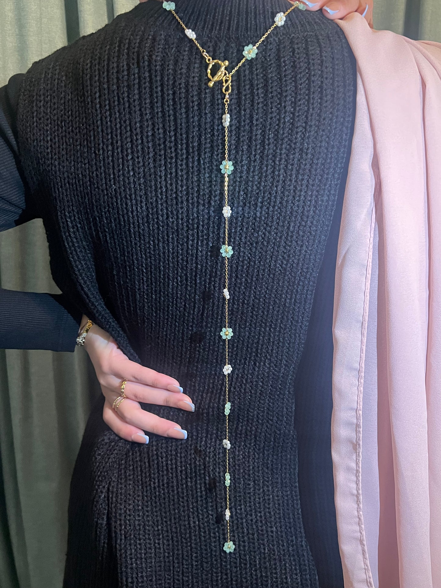 Kyoto Sage Green & Pearl Flower Beaded Drape Chain Y Necklace