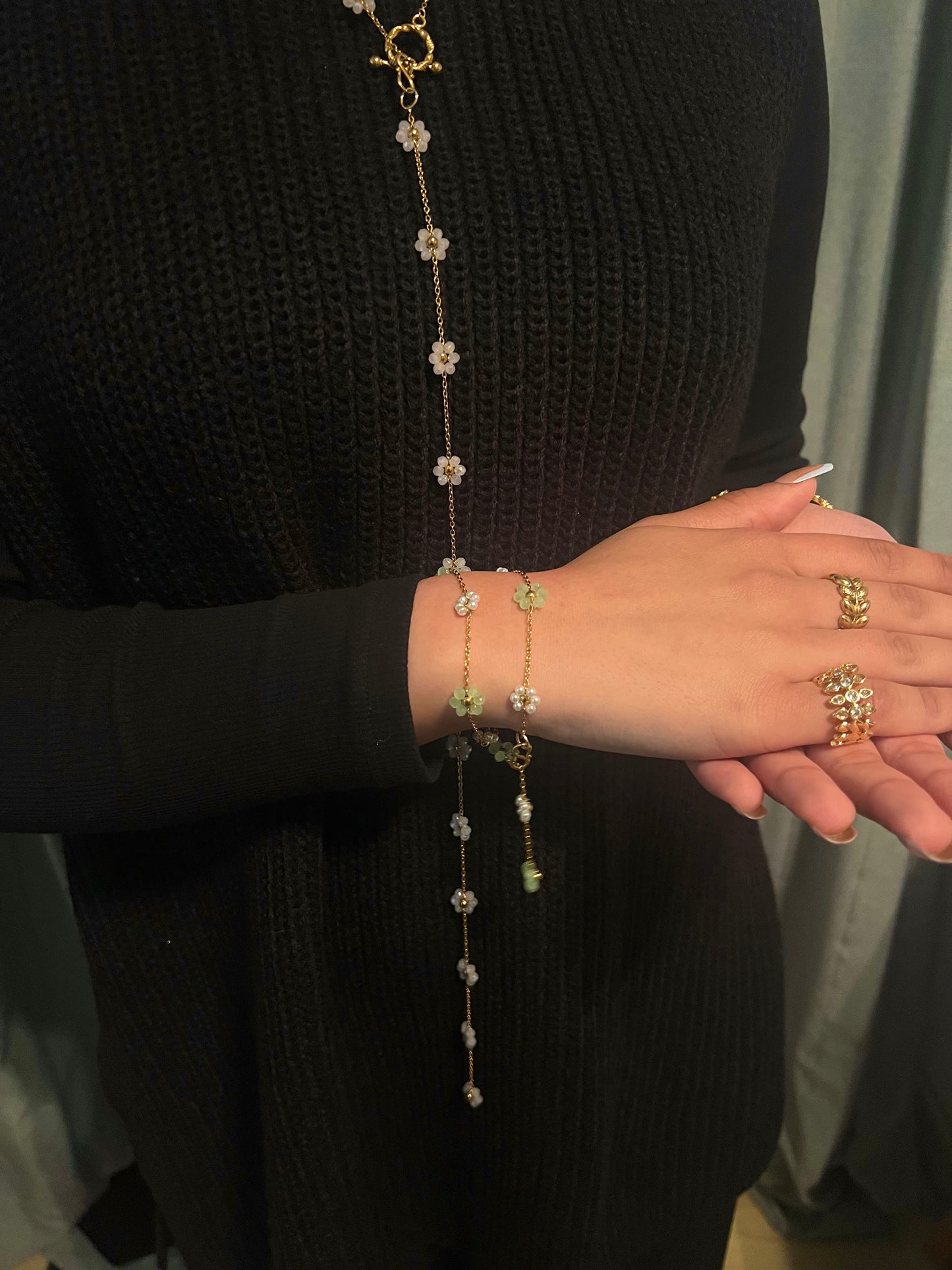 Kyoto Sage Green & Pearl Flower Beaded Drape Chain Y Necklace