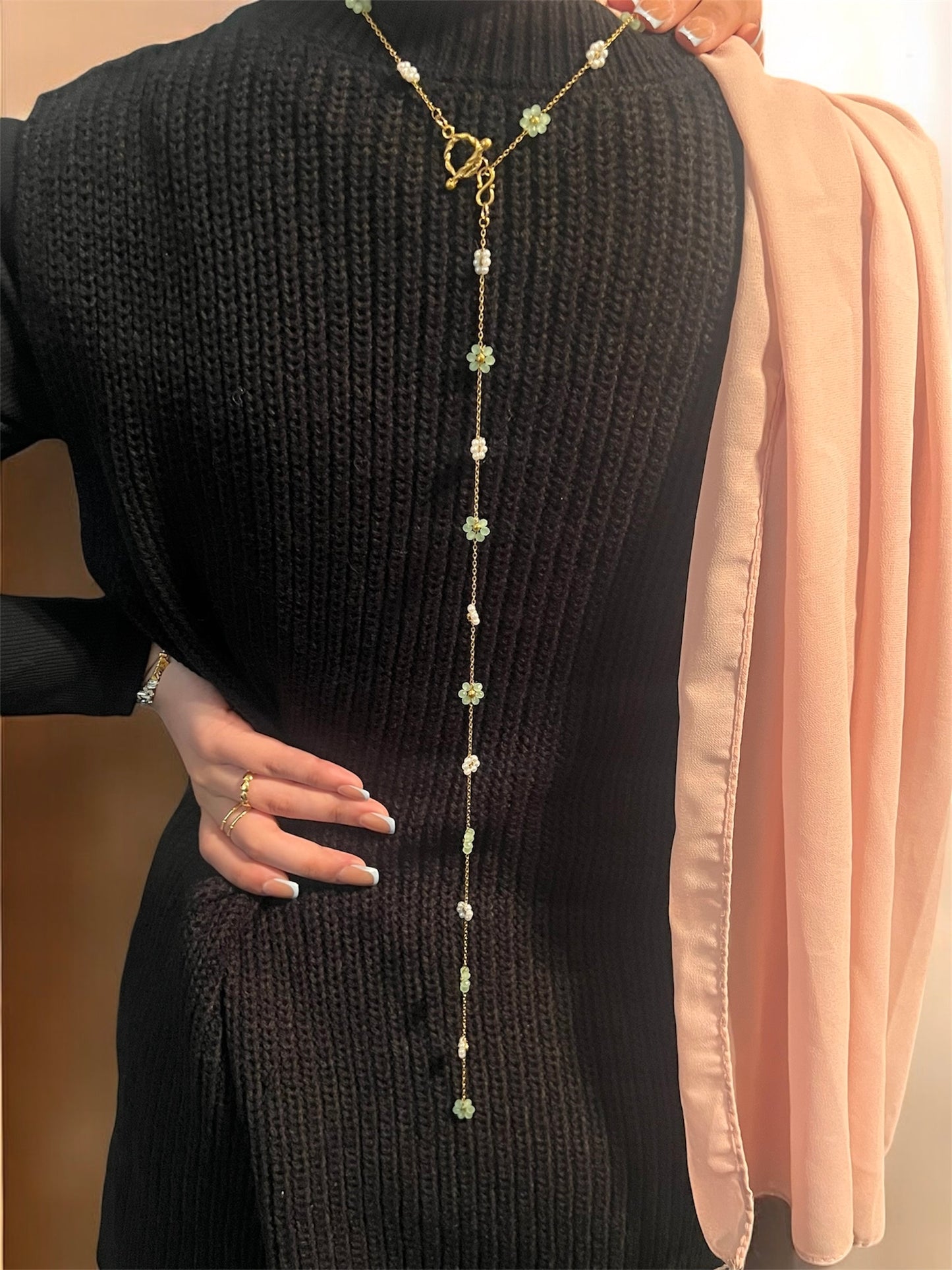 Kyoto Sage Green & Pearl Flower Beaded Drape Chain Y Necklace