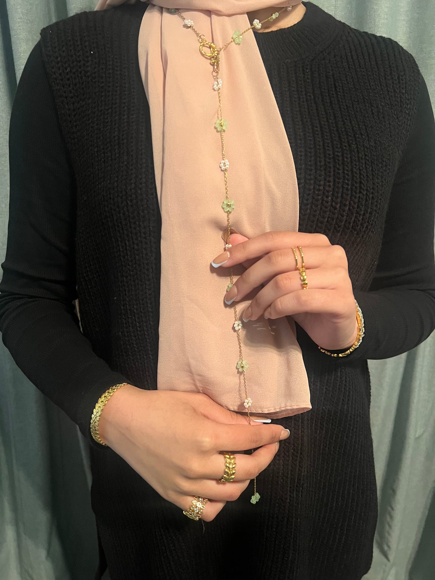 Kyoto Sage Green & Pearl Flower Beaded Drape Chain Y Necklace