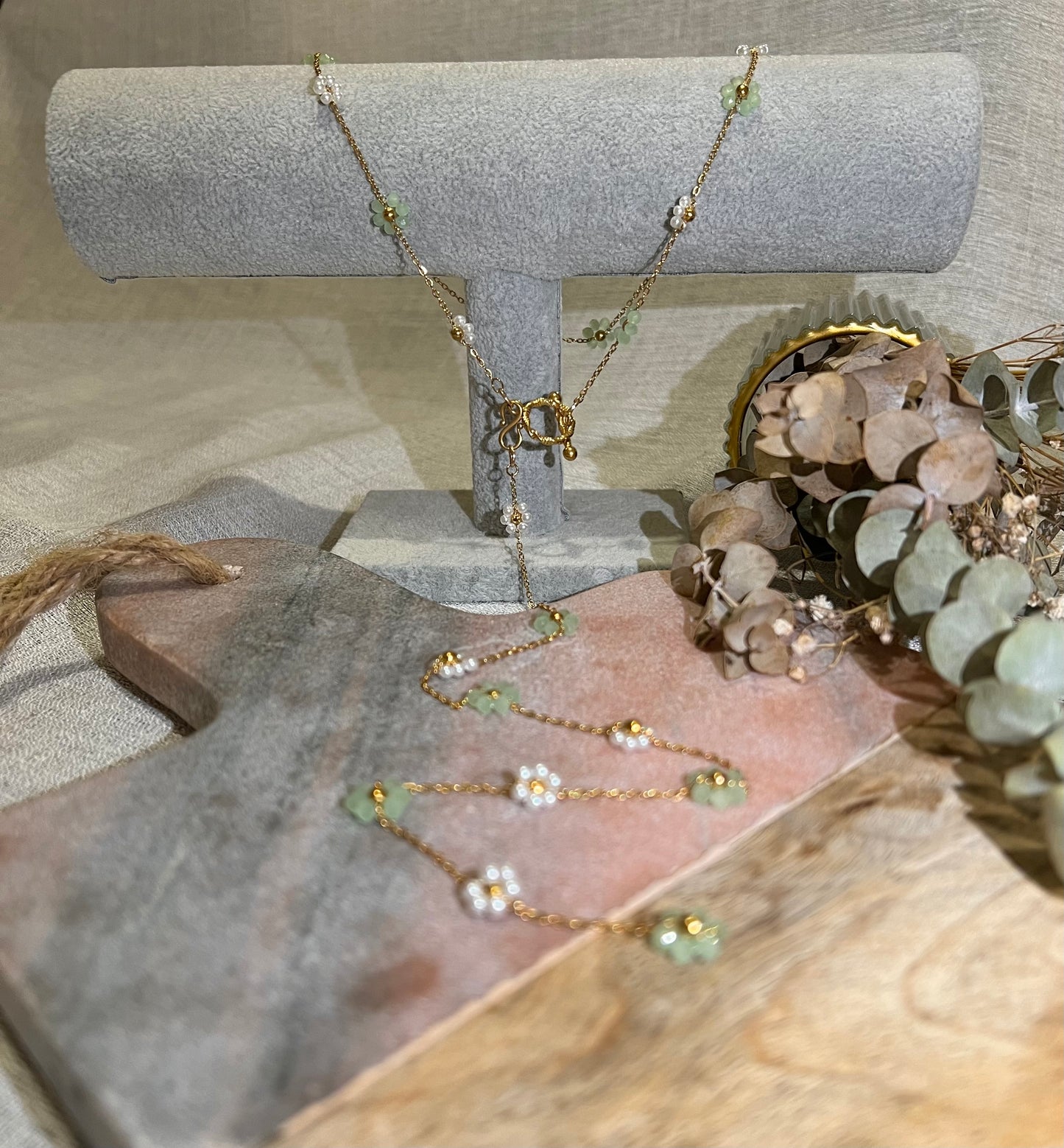 Kyoto Sage Green & Pearl Flower Beaded Drape Chain Y Necklace