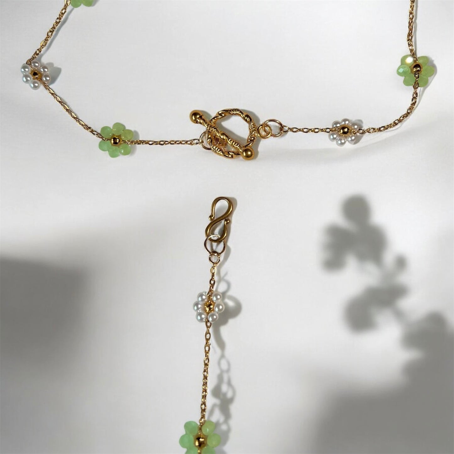 Kyoto Sage Green & Pearl Flower Beaded Drape Chain Y Necklace