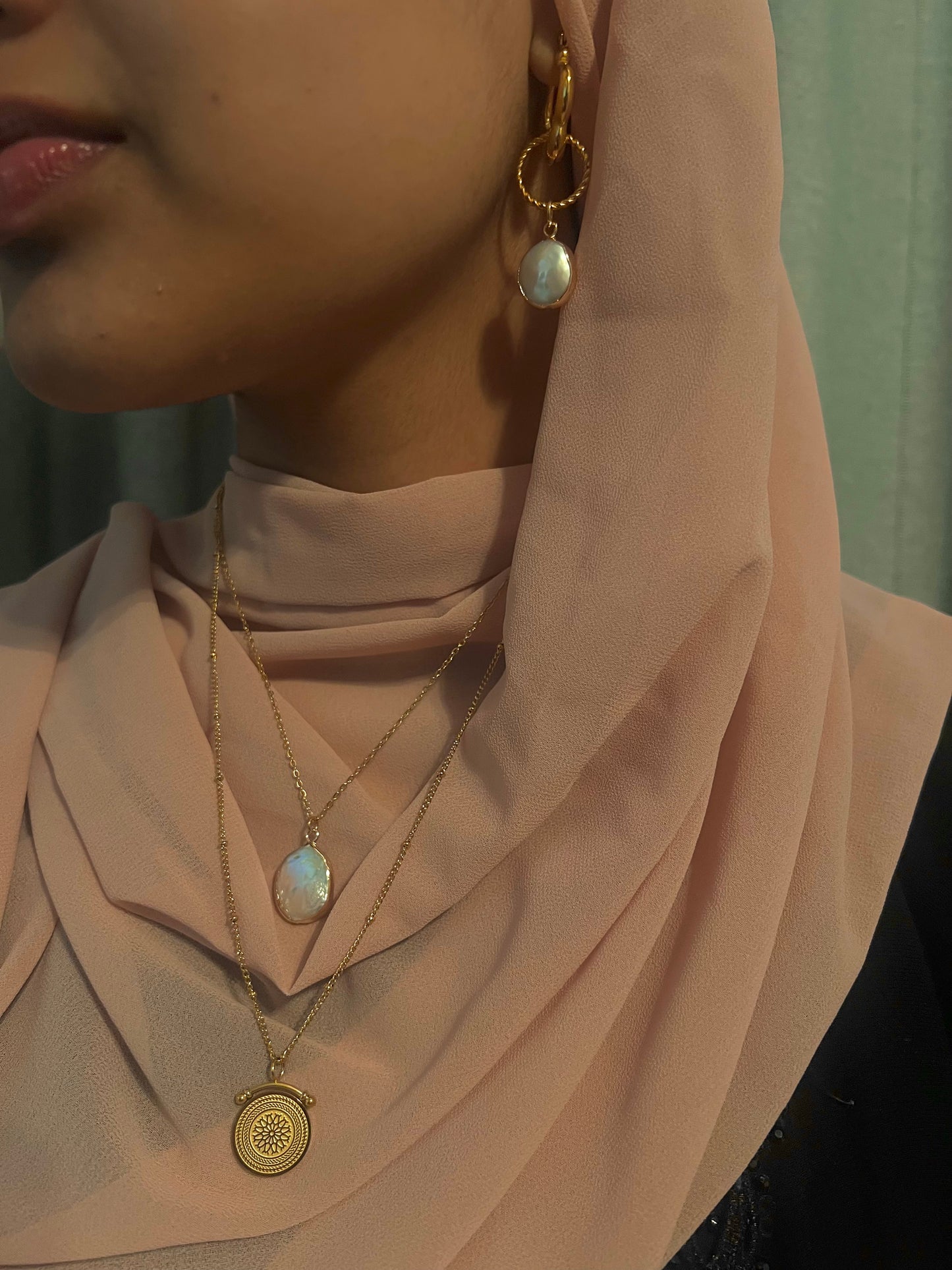 Cairo Gold Double Layer Coin and Freshwater Baroque Pearl Pendants Necklace