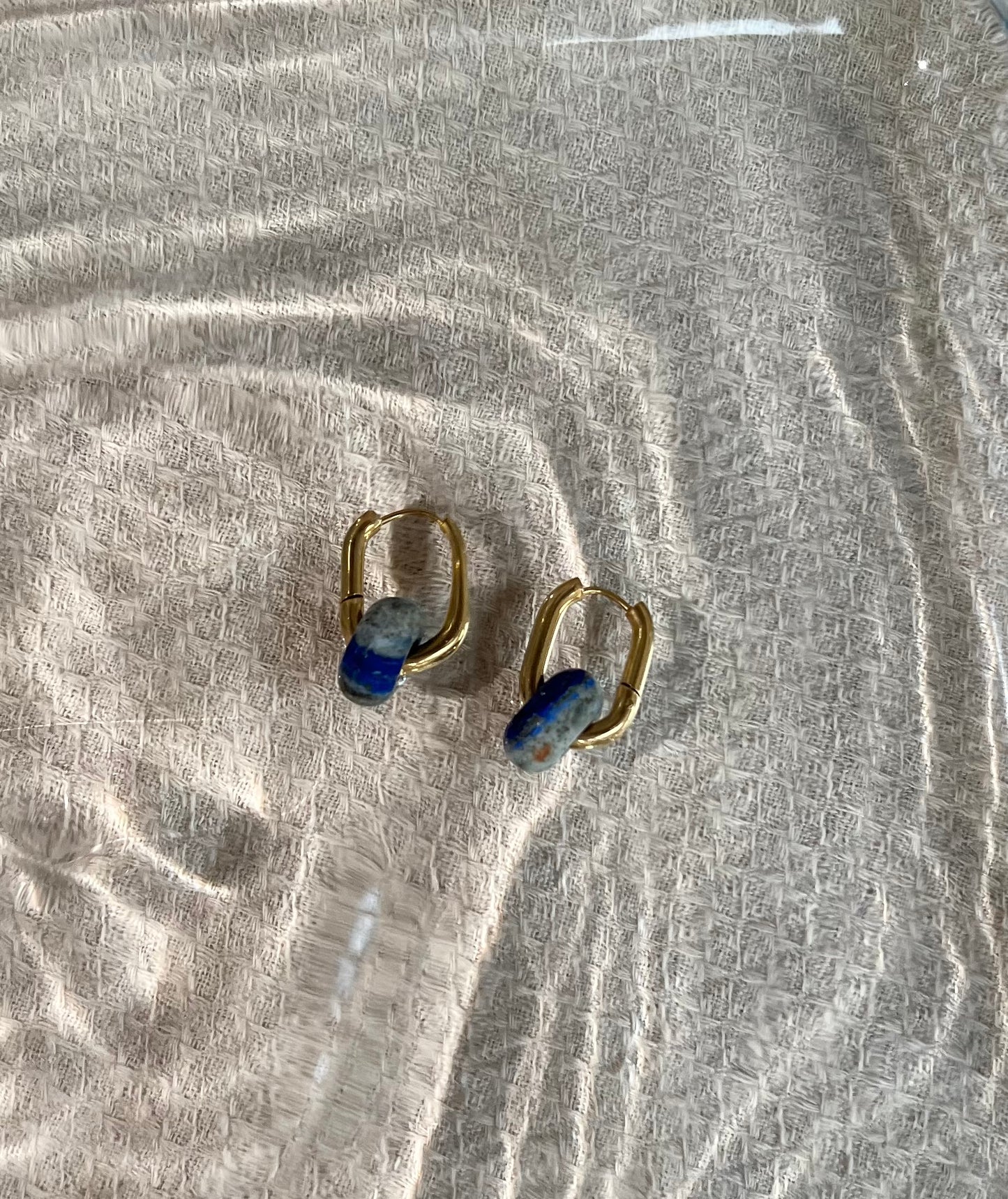 Barcelona Blue Lapis Lazuli Charm Gold Oval Hoop Earrings