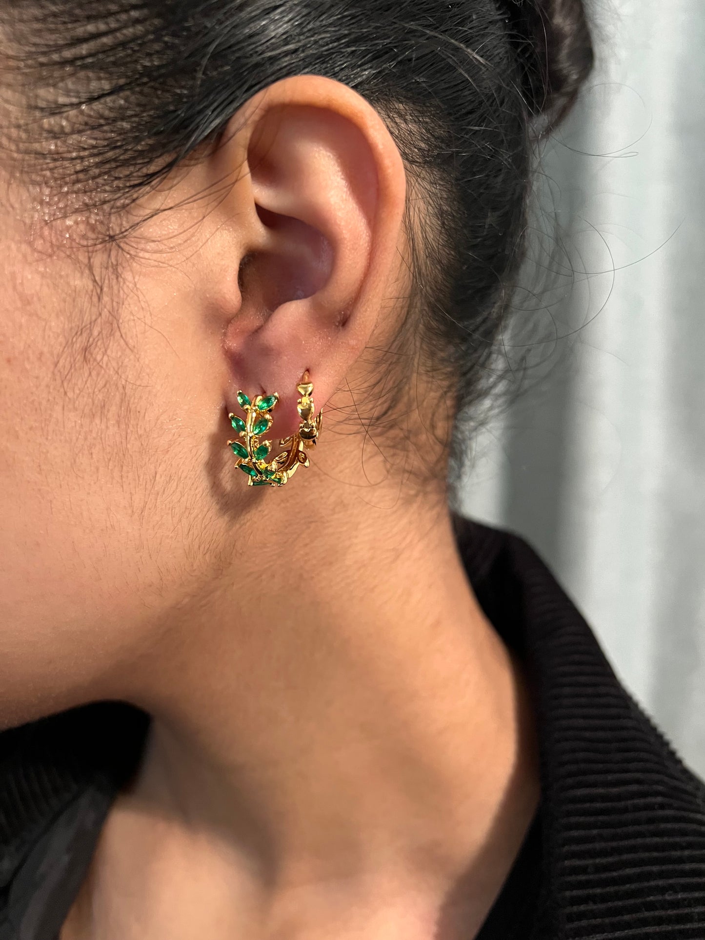 Sicily Emerald Green Crystal Olive Branch Gold Huggie Hoop Earrings