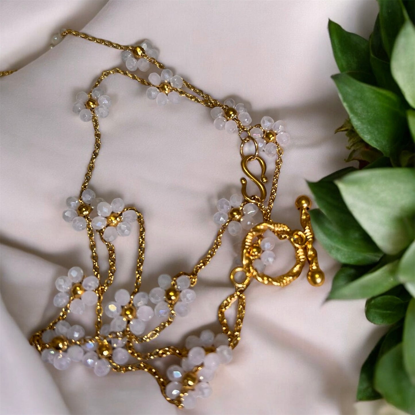 Kyoto Cherry Blossom Pink Flower Bead Drape Y Chain Necklace