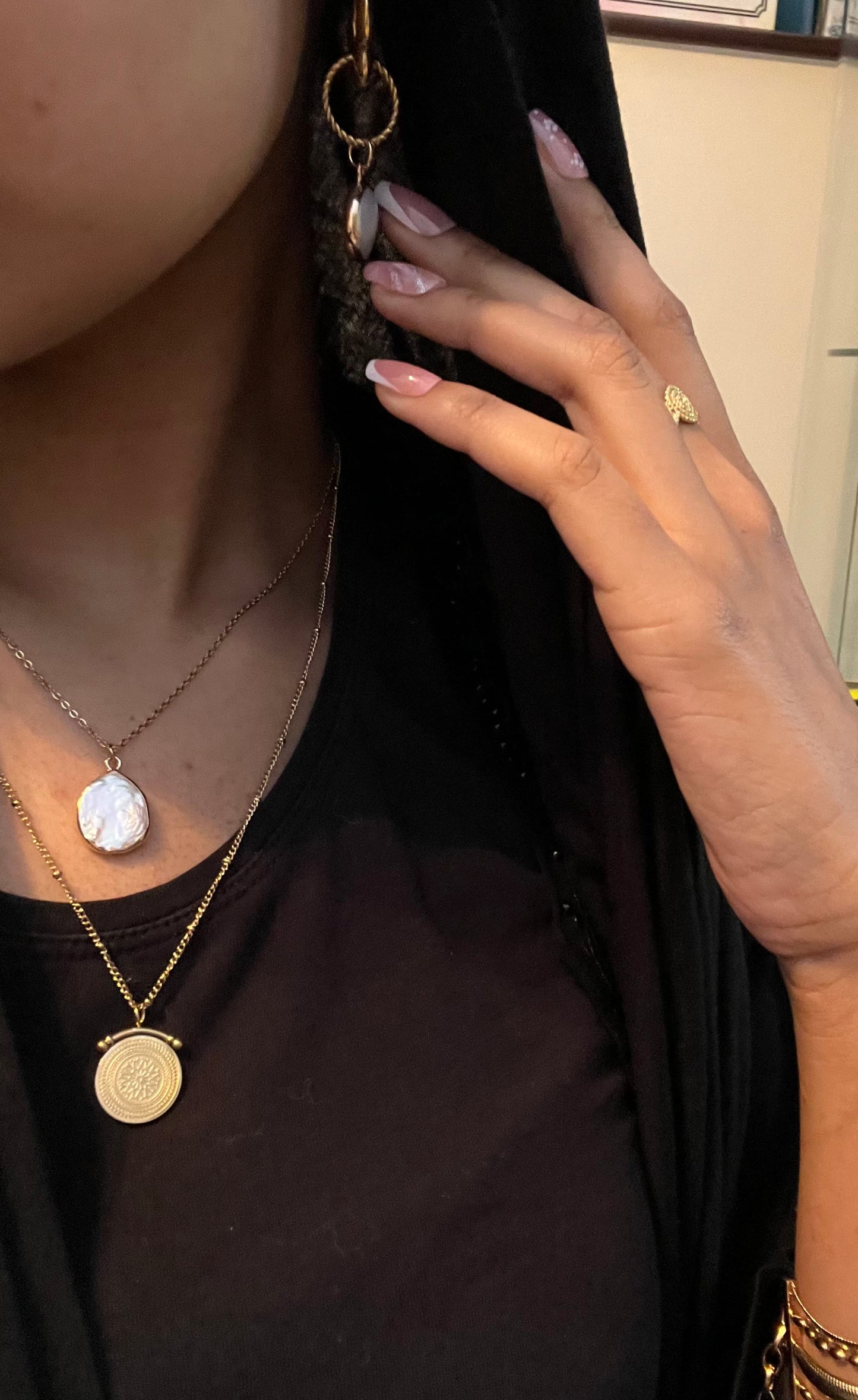 Cairo Gold Double Layer Coin and Freshwater Baroque Pearl Pendants Necklace