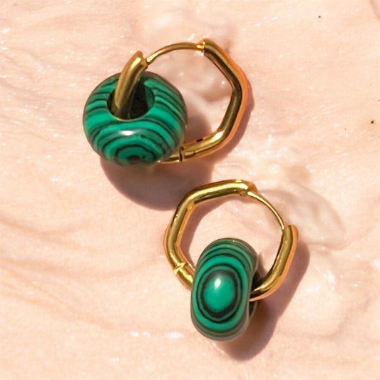 Copenhagen Emerald Green Malachite Charm Hexagon Hoop Earrings