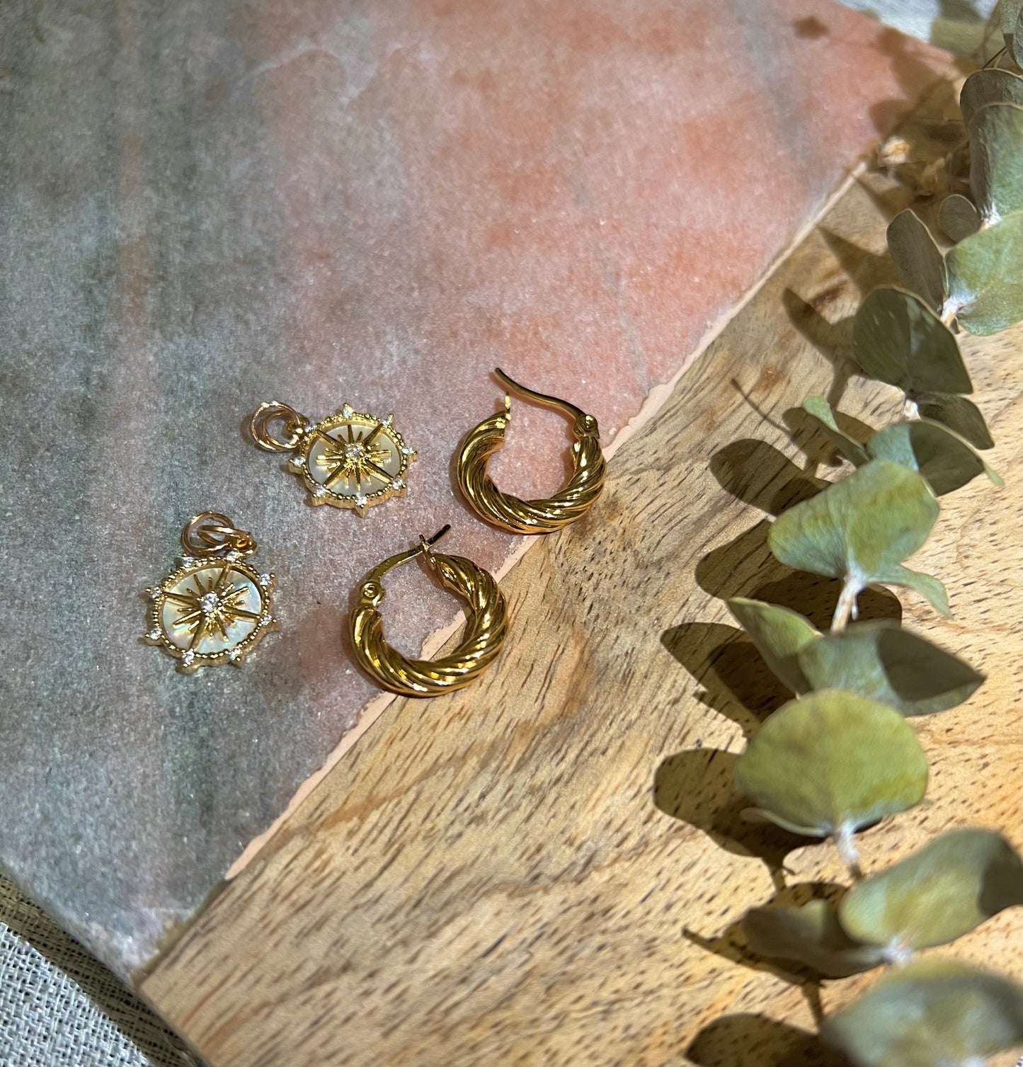 Sydney Star Shell Charm Gold Rope Chunky Huggie Hoop Earrings