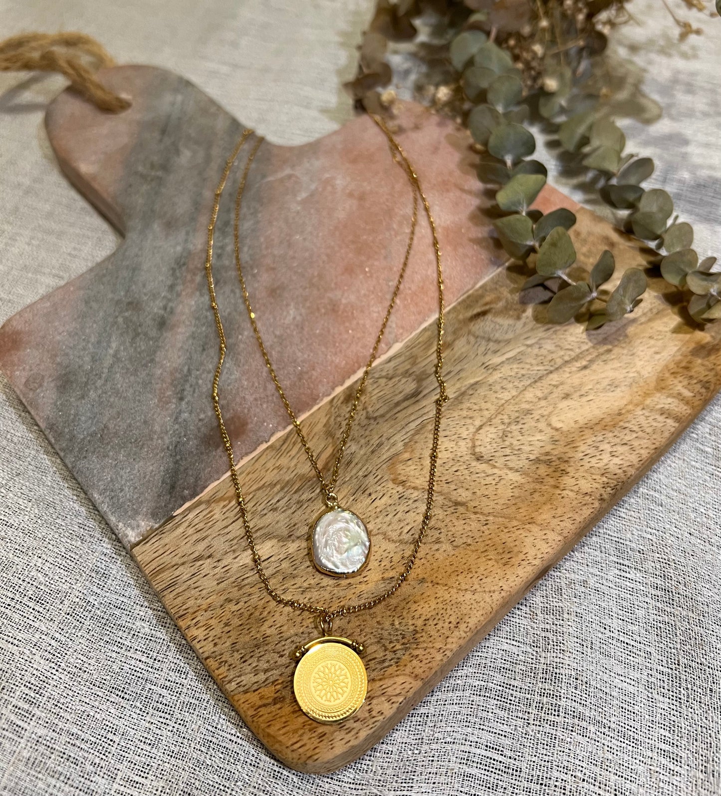 Cairo Gold Double Layer Coin and Freshwater Baroque Pearl Pendants Necklace