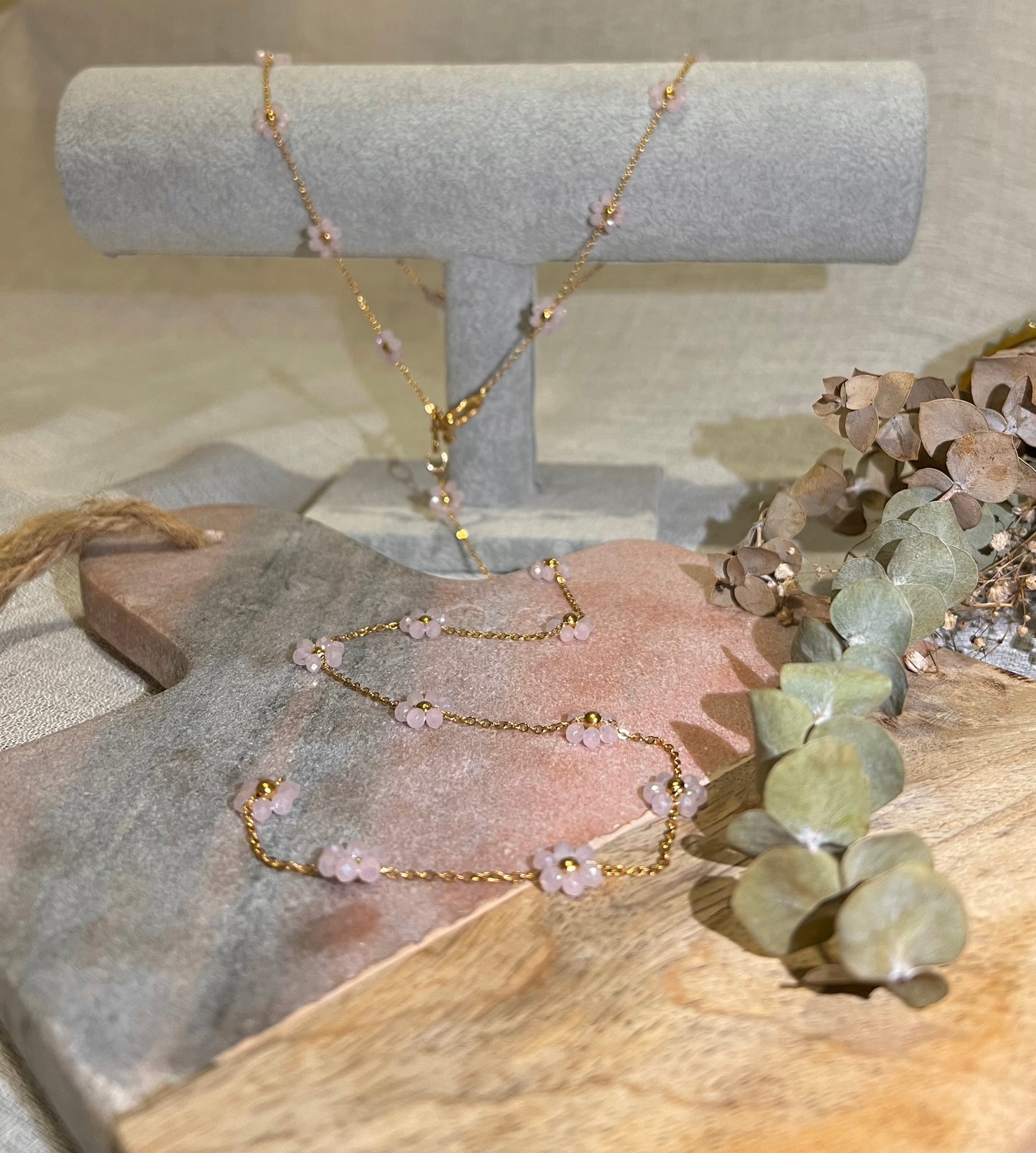 Kyoto Cherry Blossom Pink Flower Bead Drape Y Chain Necklace