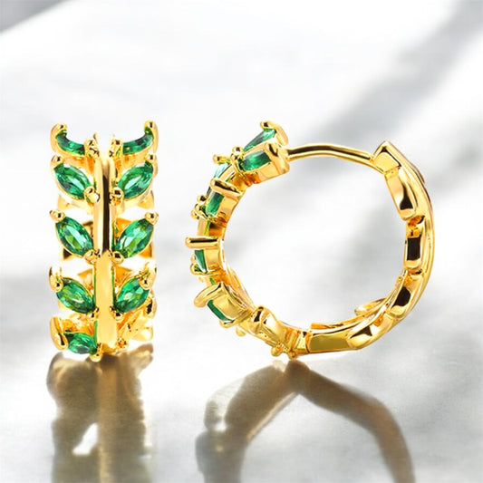 Sicily Emerald Green Crystal Olive Branch Gold Huggie Hoop Earrings